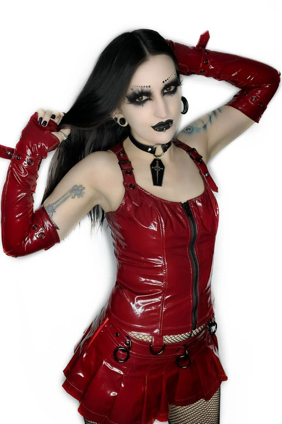 Elbow Length Fingerless PVC Gloves in VAMPIRE RED - Image 4
