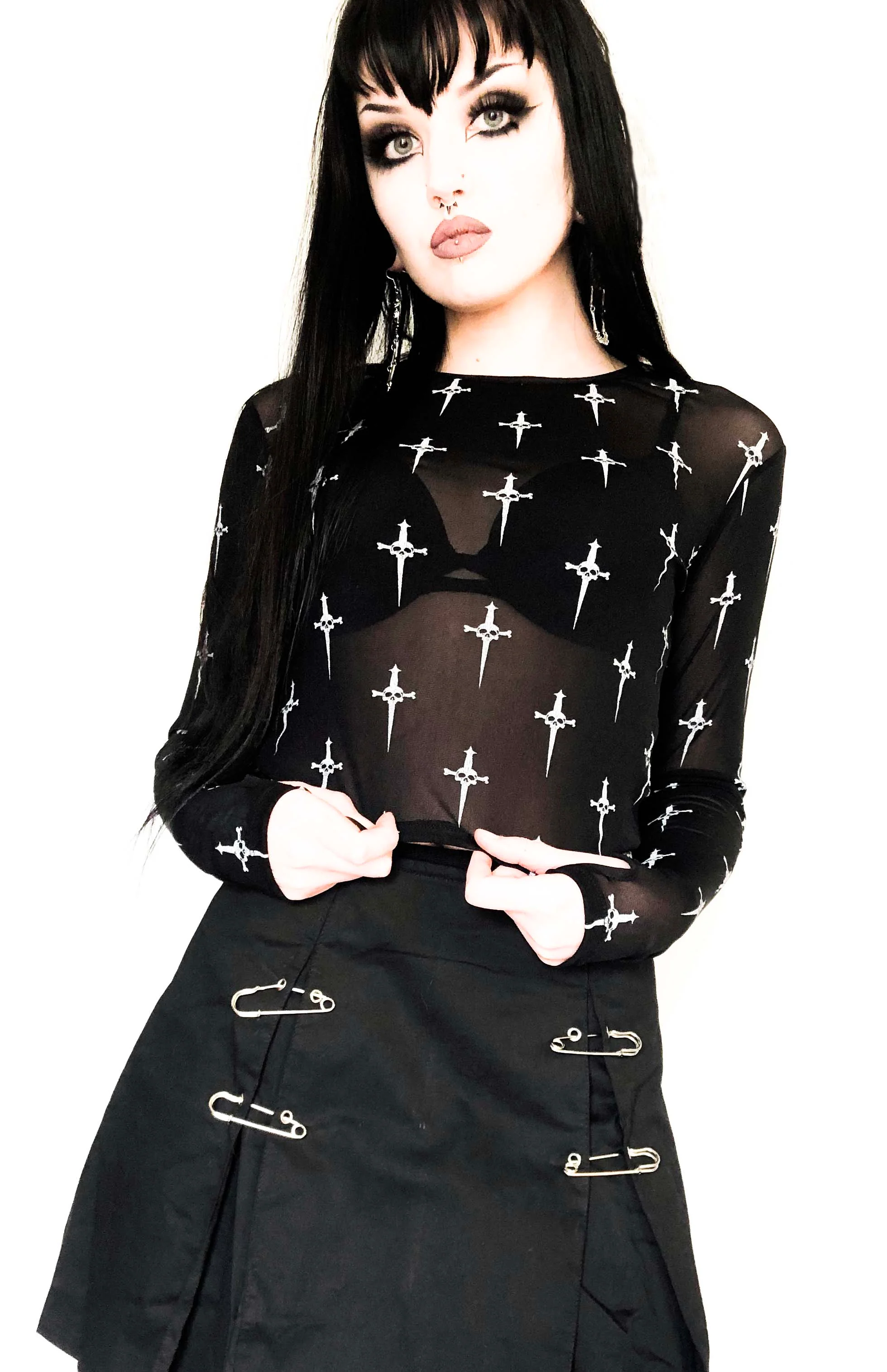 Dagger Mesh Sheer Logo Print Long Sleeve Top