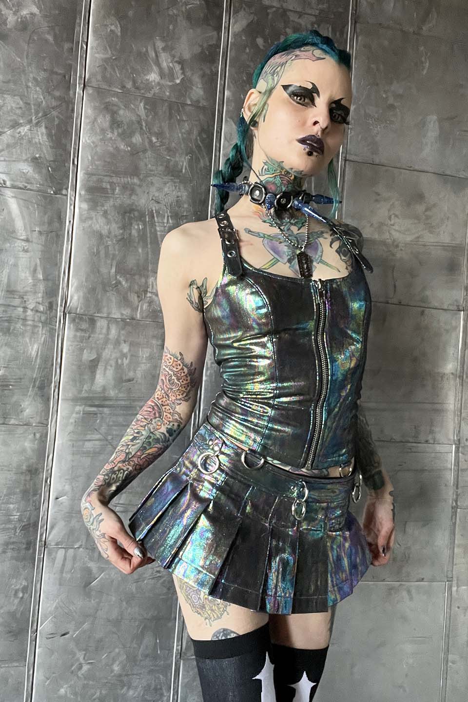 Oil Spill Pleated Micro Mini D-ring Skirt - Image 3
